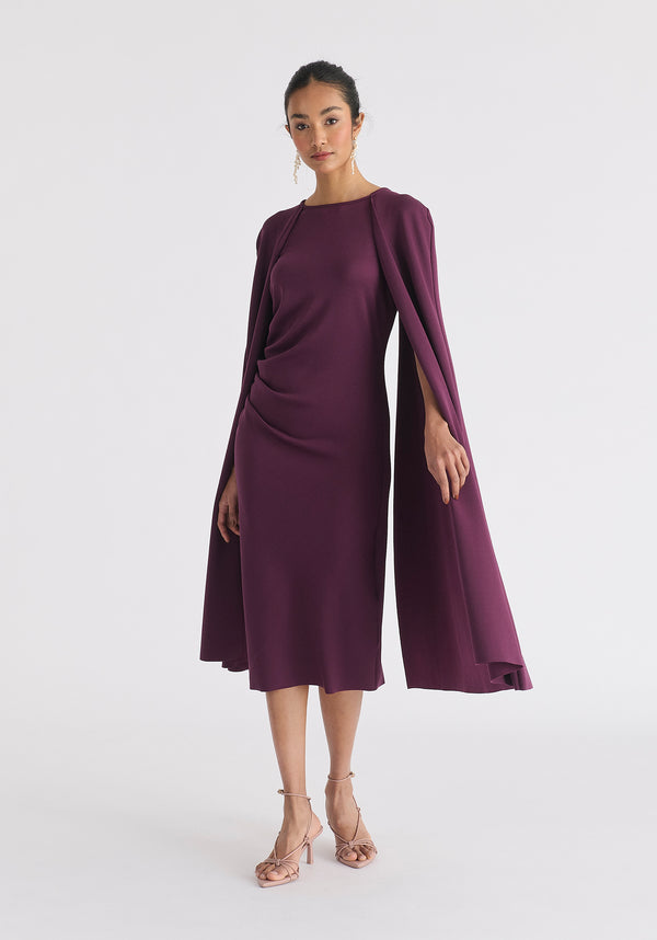 Cape Sleeves Dress with Waist Details in Midnight Plum